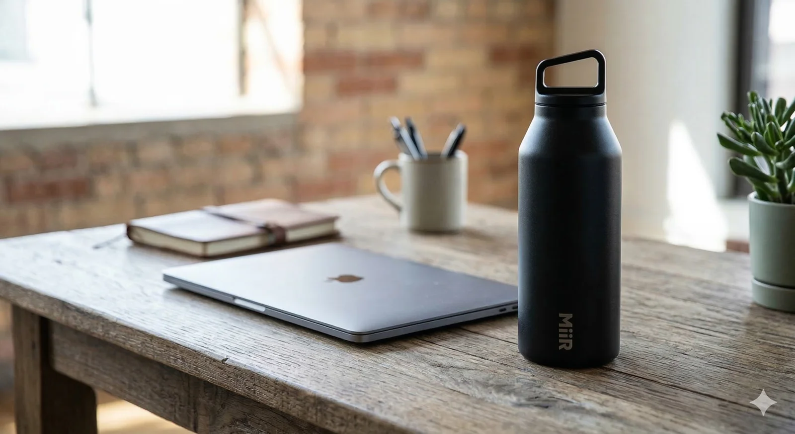 The Ultimate MiiR Water Bottle Review: A Buy-It-For-Life Hydration Companion? 2 Black MiiR wide mouth water bottle resting on a wooden desk next to a laptop for everyday hydration.