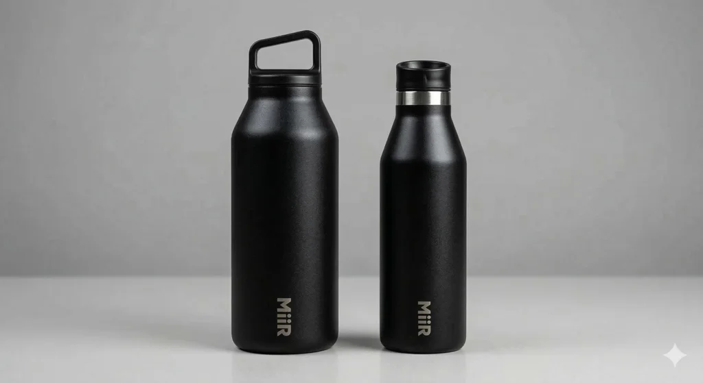 The Ultimate MiiR Water Bottle Review: A Buy-It-For-Life Hydration Companion? 4 Comparing MiiR Wide Mouth vs Narrow Mouth water bottles side by side on a neutral grey background.