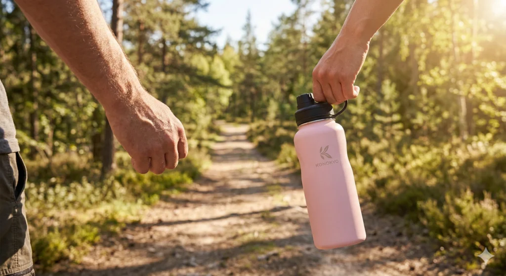 Konokyo Water Bottle Review: The Best Bang for Your Buck in 2026? 10 A person walking away down a sunlit forest trail, confidently gripping a pink Konokyo water bottle by its black rubberized carrying loop.