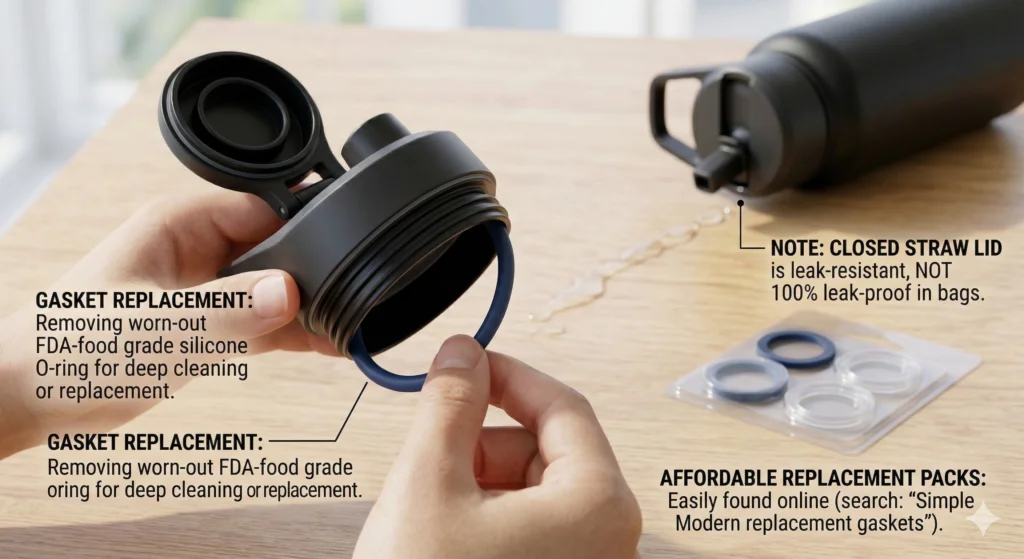 Simple Modern Water Bottle Review: Is It Better Than Yeti, Stanley, or Owala? 5 Close up of a person removing the blue silicone gasket ring from a Simple Modern chug lid for cleaning and replacement.