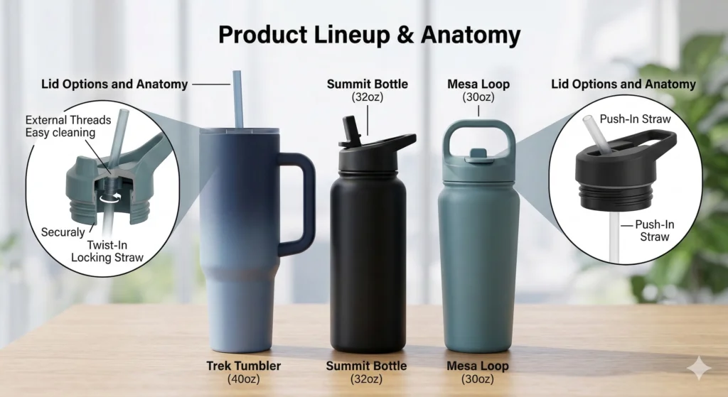 Simple Modern Water Bottle Review: Is It Better Than Yeti, Stanley, or Owala? 3 Side-by-side comparison of the Simple Modern Trek Tumbler, Summit Bottle, and Mesa Loop showing lid cutaways and straw mechanisms.