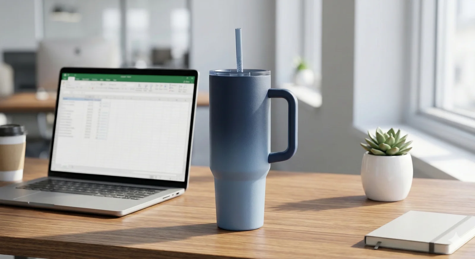 Simple Modern Water Bottle Review: Is It Better Than Yeti, Stanley, or Owala? 2 A blue gradient Simple Modern Trek Tumbler sitting on a wooden office desk next to a laptop, demonstrating everyday use.