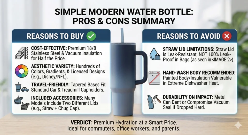 Simple Modern Water Bottle Review: Is It Better Than Yeti, Stanley, or Owala? 7 Pros and cons list for Simple Modern water bottles highlighting cost effectiveness, aesthetics, and limitations like the straw lid and dishwasher safety.