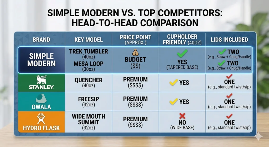 Simple Modern Water Bottle Review: Is It Better Than Yeti, Stanley, or Owala? 6 Comparison chart evaluating Simple Modern against Stanley, Owala, and Hydro Flask based on price, cupholder compatibility, and included lids.
