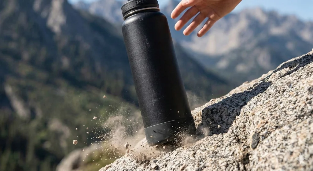 Takeya Water Bottle Review: Is It Better Than the Competition? 4 A black Takeya Actives water bottle dropping onto a rocky surface, emphasizing the protective silicone boot on the bottom absorbing the impact.