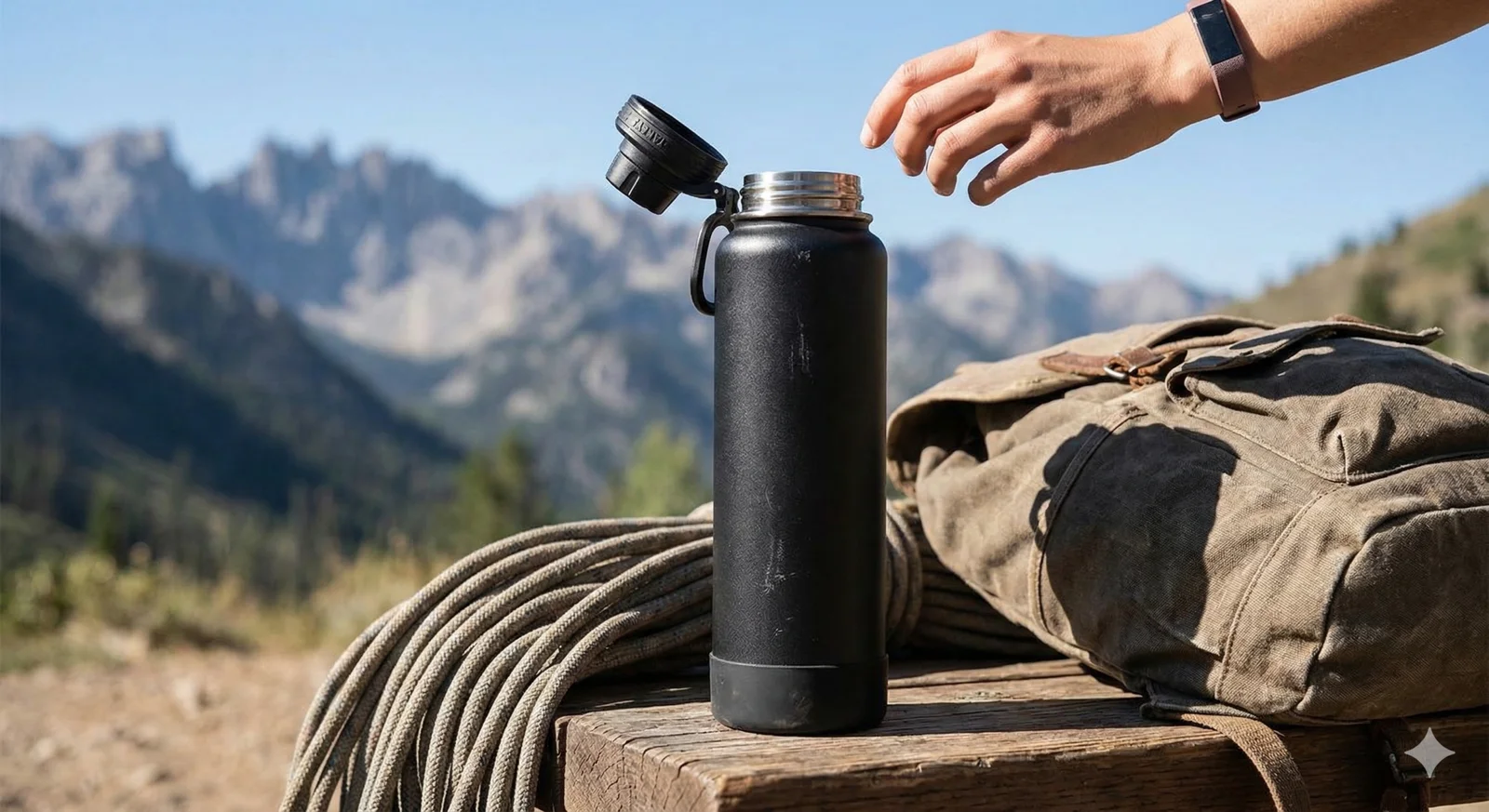 Takeya Water Bottle Review: Is It Better Than the Competition? 2 A black Takeya Actives insulated water bottle sitting on a wooden outdoor table next to a canvas backpack, with a person reaching for the lid.