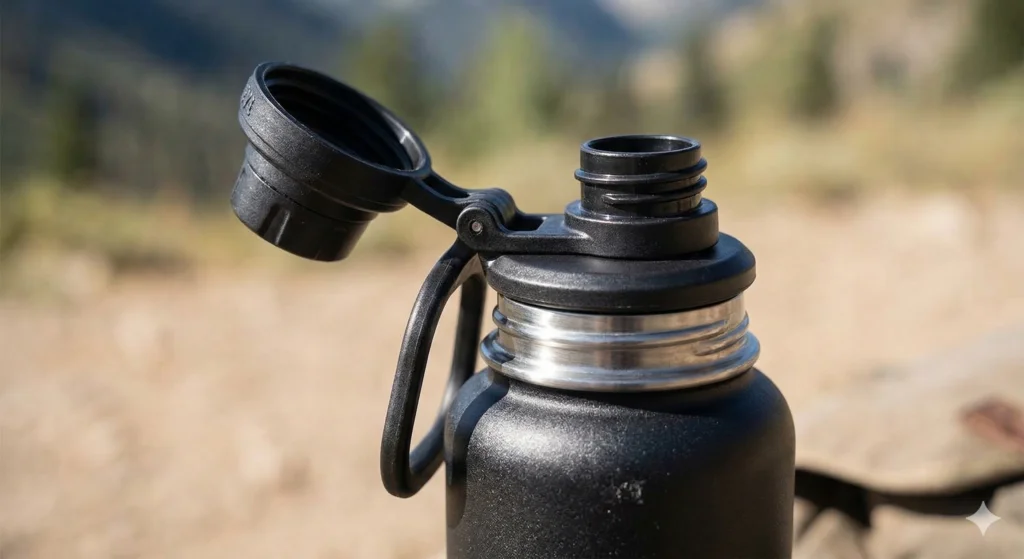 Takeya Water Bottle Review: Is It Better Than the Competition? 3 Close-up of a black Takeya water bottle lid showing the twist-off cap locked backwards on its hinge to keep it away from the face.