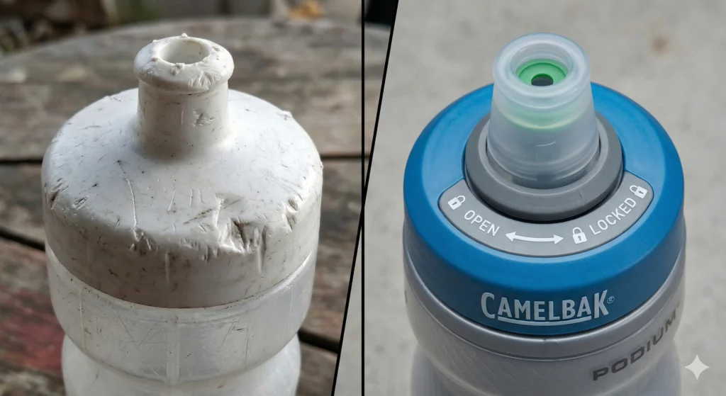 CamelBak Water Bottle Reviews: The Best Water Bottles of 2026 3 A split screen showing a worn-out white pull-top bottle cap on the left and a clean, high-tech CamelBak Podium Jet Valve with a lockout dial on the right.