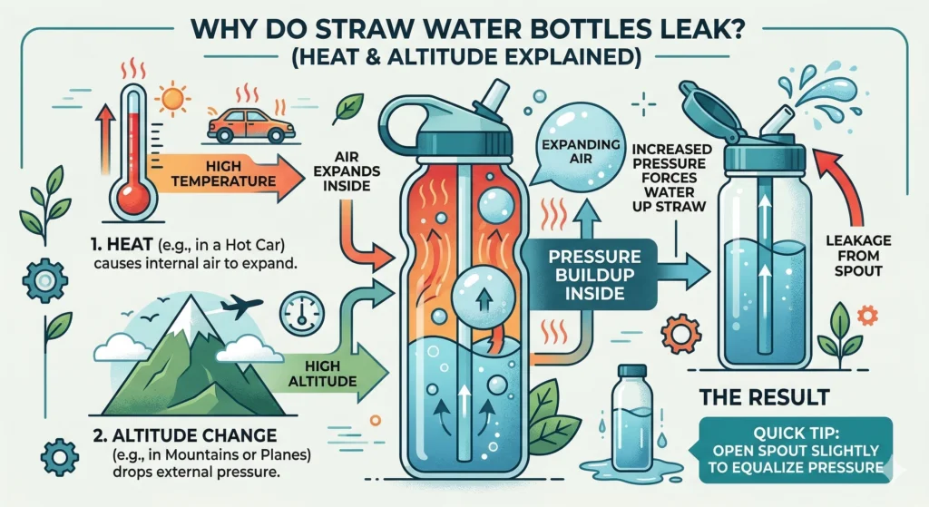 CamelBak Water Bottle Reviews: The Best Water Bottles of 2026 10 An infographic with a thermometer and mountain icons showing air expanding inside a bottle and pushing water up the straw.