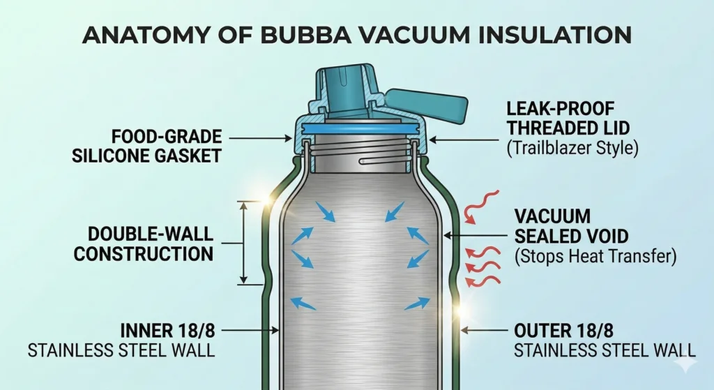 Bubba Water Bottle Review: Are They Actually Worth the Hype? 6 Cross-section diagram showing how the double-wall vacuum insulation works inside a stainless steel Bubba water bottle to stop heat transfer.