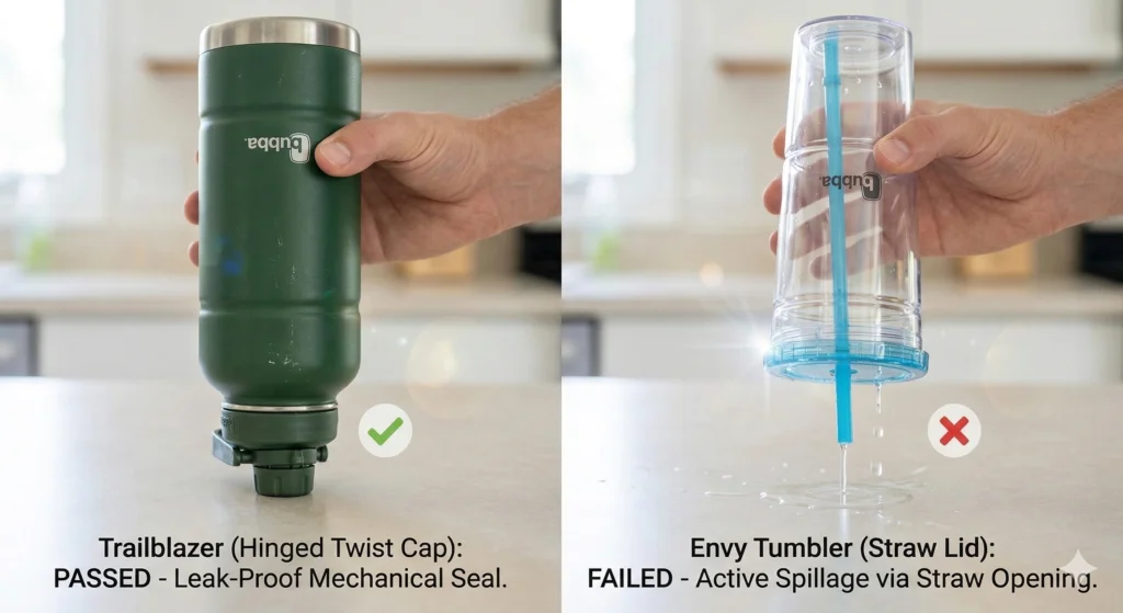 Bubba Water Bottle Review: Are They Actually Worth the Hype? 4 Side-by-side leak test showing a green Bubba Trailblazer upside down with no leaks, and a clear Bubba Envy tumbler upside down spilling water.