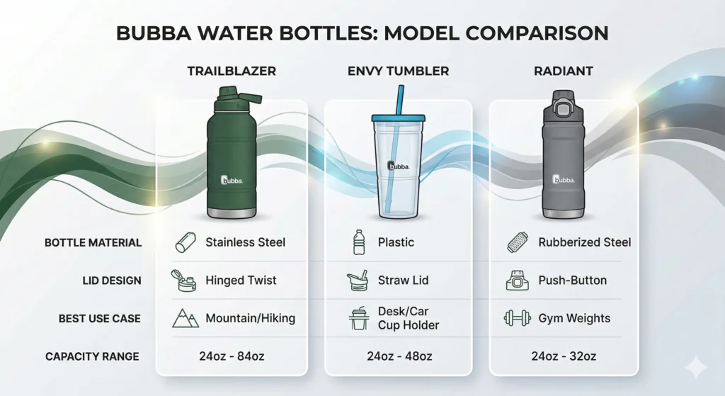 Bubba Water Bottle Review: Are They Actually Worth the Hype? 3 An infographic comparing the materials, lids, and uses of the Bubba Trailblazer, Envy Tumbler, and Radiant water bottle models.