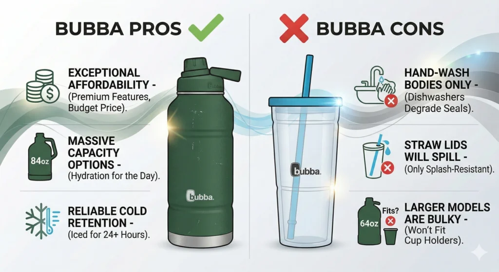 Bubba Water Bottle Review: Are They Actually Worth the Hype? 5 Visual infographic listing the pros and cons of Bubba water bottles, highlighting their affordability, cold retention, and bulky sizes.