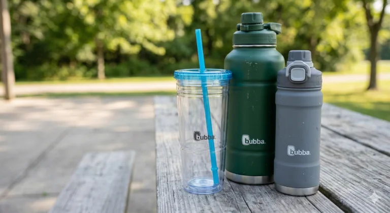 Home 53 A green stainless steel Bubba Trailblazer and a clear plastic Bubba Envy tumbler resting on a wooden picnic table outdoors.