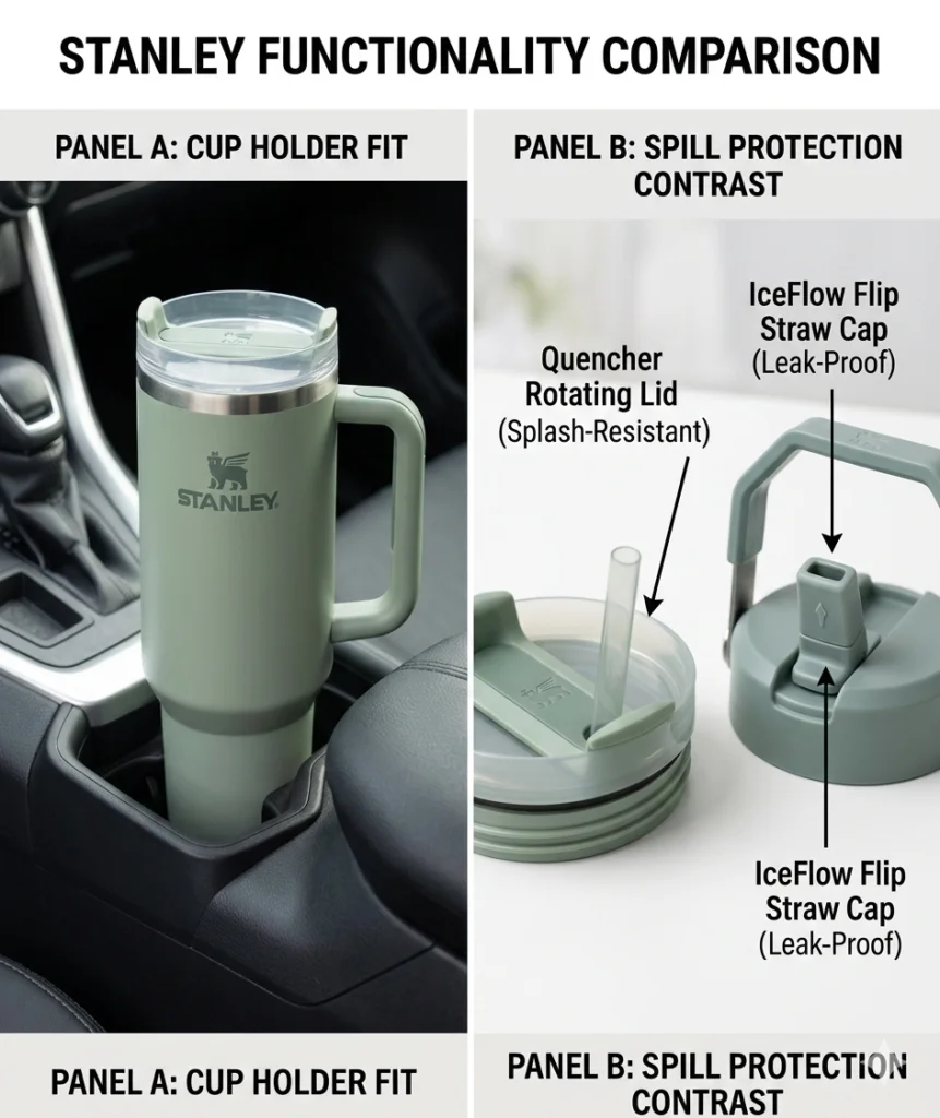 Stanley Water Bottle Review: Which Model is Actually Worth Your Money? 3 A two-panel image showing the Stanley Quencher fitting in a car cup holder and a comparison of the FlowState vs IceFlow lids.
