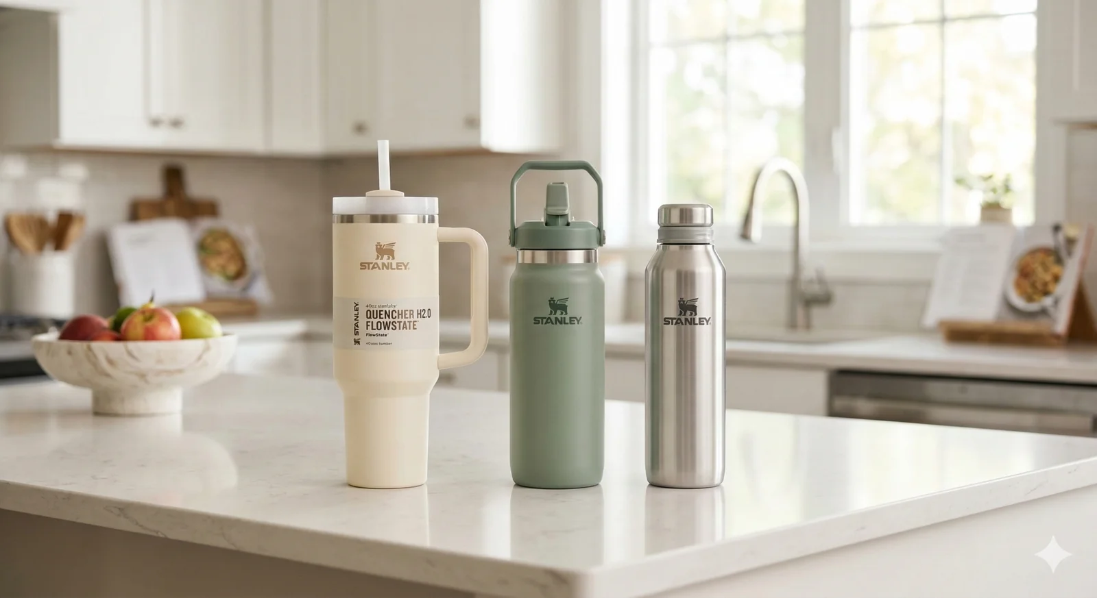 Stanley Water Bottle Review: Which Model is Actually Worth Your Money? 2 Three different Stanley water bottle models including the Quencher, IceFlow, and Transit lined up on a kitchen island.
