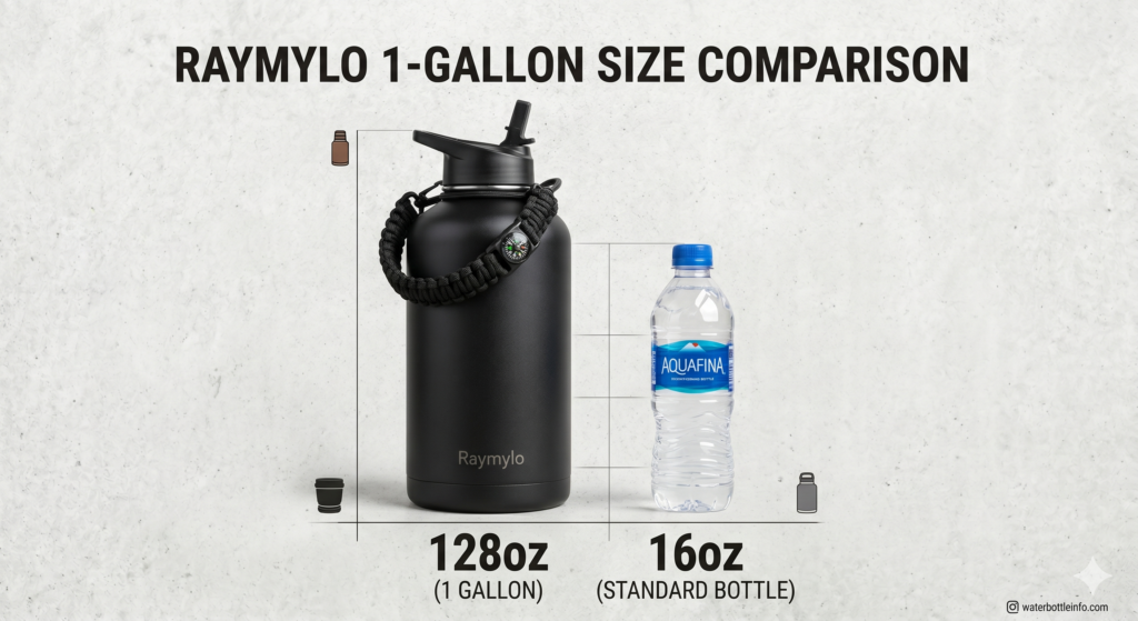 Raymylo Water Bottle Review: The Ultimate Heavy-Duty Hydration Kit? 5 Size comparison of a 1 gallon Raymylo water bottle next to a standard plastic bottle showing it does not fit in a car cup holder.