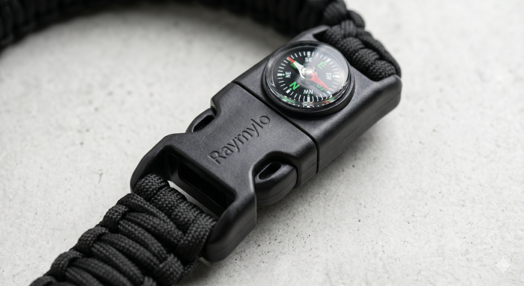 Raymylo Water Bottle Review: The Ultimate Heavy-Duty Hydration Kit? 4 Close up of the Raymylo paracord handle featuring a built in liquid compass and emergency survival whistle.
