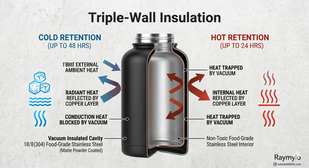 Raymylo Water Bottle Review: The Ultimate Heavy-Duty Hydration Kit? 3 Diagram showing the triple wall vacuum insulation and internal copper plating of the Raymylo water bottle.