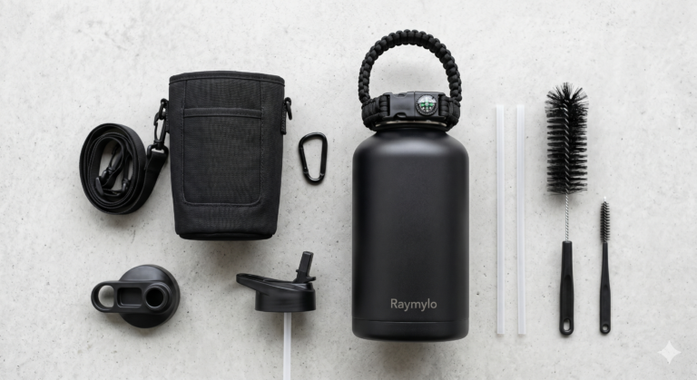 Home 63 Complete Raymylo 128oz insulated water bottle kit with paracord handle, dual lids, and carrying sleeve.