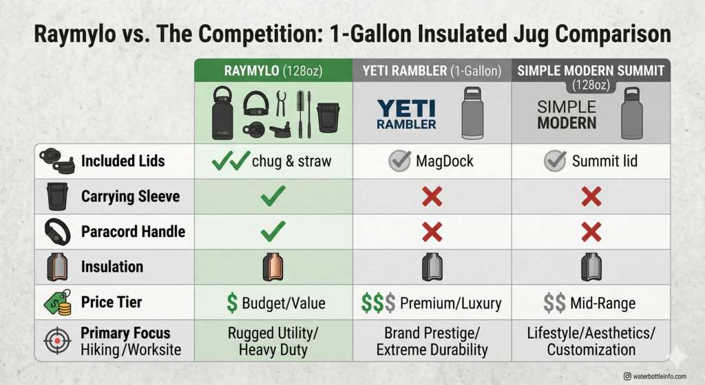Raymylo Water Bottle Review: The Ultimate Heavy-Duty Hydration Kit? 6 Comparison chart showing Raymylo vs Yeti Rambler and Simple Modern water bottles regarding included accessories and price.