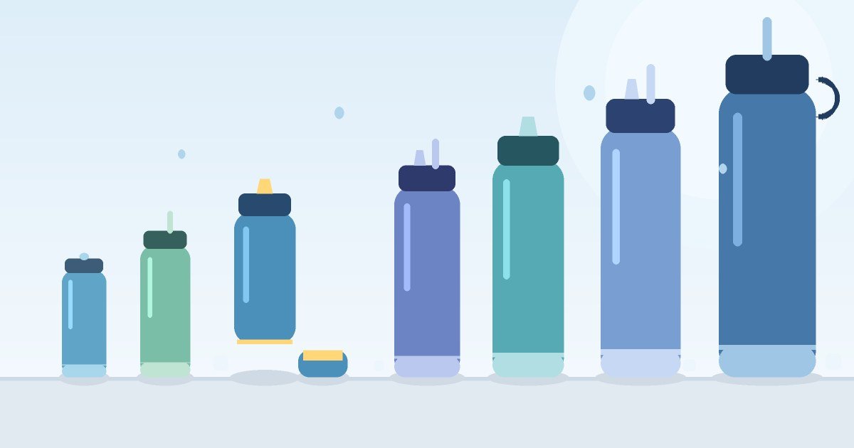 Zulu Water Bottle Review: Pros, Cons & Verdict 2 Seven insulated water bottles lined up from smallest to largest, with one bottle shown with its base unscrewed and standing beside it